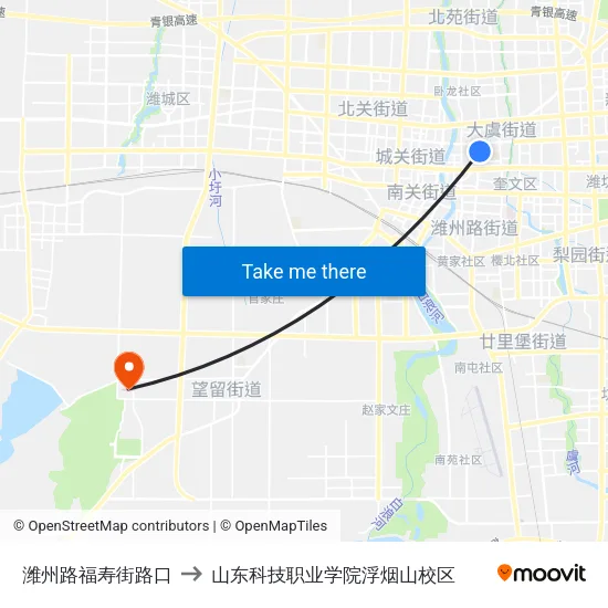 潍州路福寿街路口 to 山东科技职业学院浮烟山校区 map