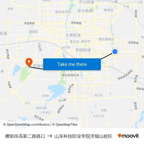 樱前街高新二路路口 to 山东科技职业学院浮烟山校区 map