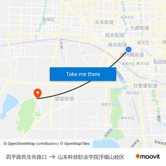 四平路民生街路口 to 山东科技职业学院浮烟山校区 map