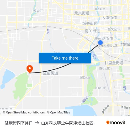 健康街四平路口 to 山东科技职业学院浮烟山校区 map