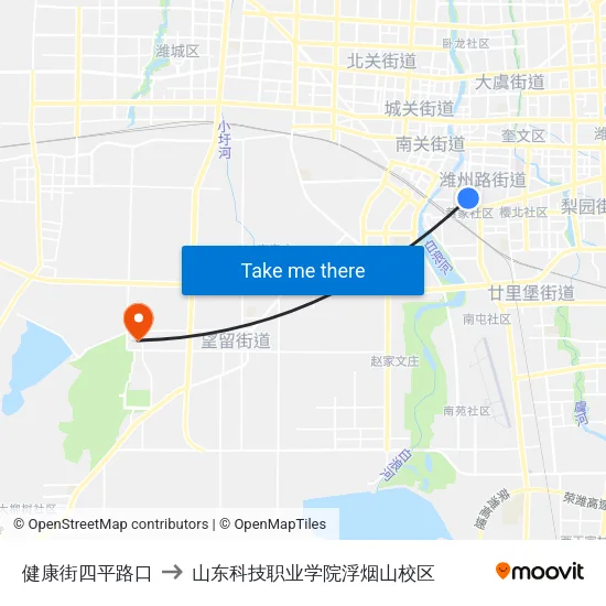 健康街四平路口 to 山东科技职业学院浮烟山校区 map