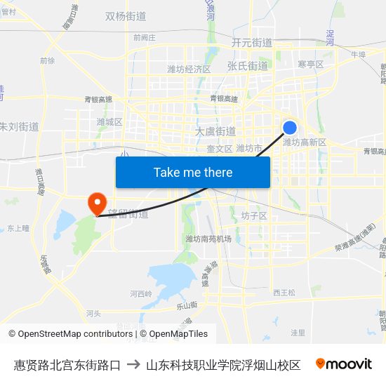 惠贤路北宫东街路口 to 山东科技职业学院浮烟山校区 map