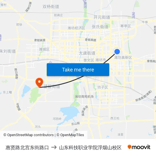 惠贤路北宫东街路口 to 山东科技职业学院浮烟山校区 map