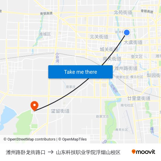 潍州路卧龙街路口 to 山东科技职业学院浮烟山校区 map