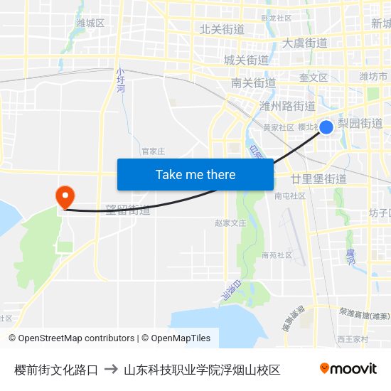 樱前街文化路口 to 山东科技职业学院浮烟山校区 map