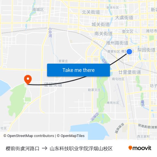 樱前街虞河路口 to 山东科技职业学院浮烟山校区 map