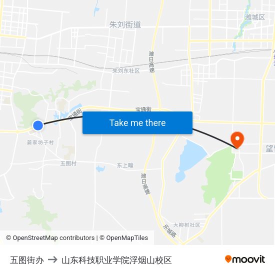 五图街办 to 山东科技职业学院浮烟山校区 map