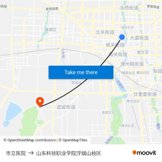 市立医院 to 山东科技职业学院浮烟山校区 map