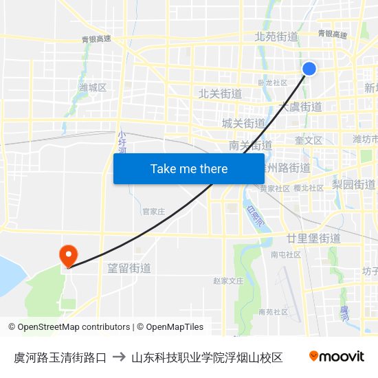 虞河路玉清街路口 to 山东科技职业学院浮烟山校区 map