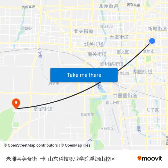 老潍县美食街 to 山东科技职业学院浮烟山校区 map
