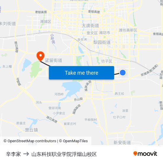 辛李家 to 山东科技职业学院浮烟山校区 map