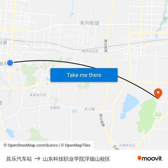 昌乐汽车站 to 山东科技职业学院浮烟山校区 map