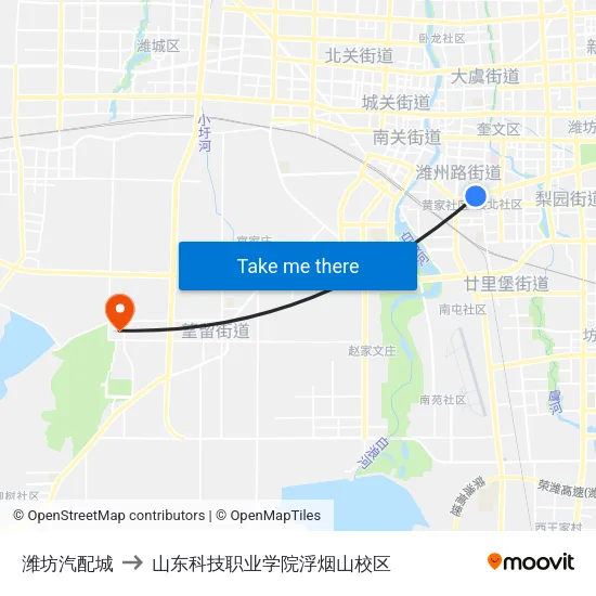 潍坊汽配城 to 山东科技职业学院浮烟山校区 map