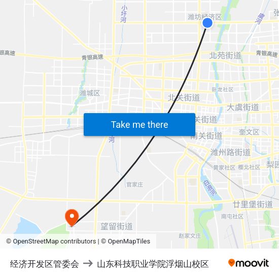 经济开发区管委会 to 山东科技职业学院浮烟山校区 map