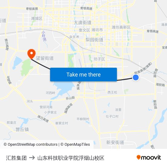 汇胜集团 to 山东科技职业学院浮烟山校区 map