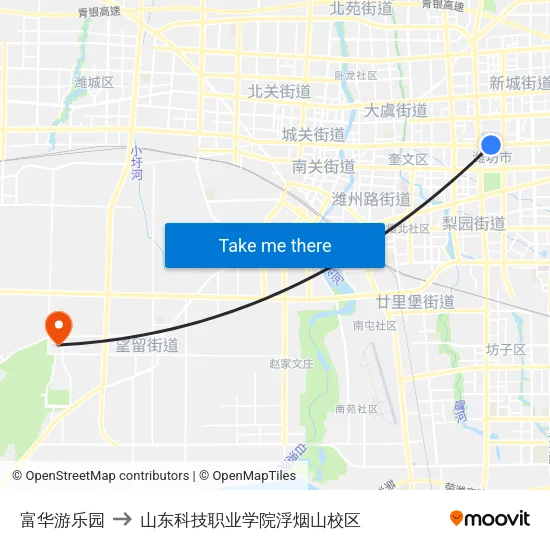 富华游乐园 to 山东科技职业学院浮烟山校区 map
