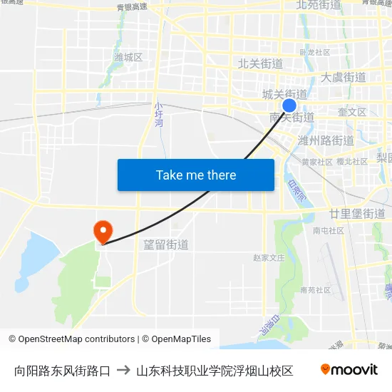 向阳路东风街路口 to 山东科技职业学院浮烟山校区 map
