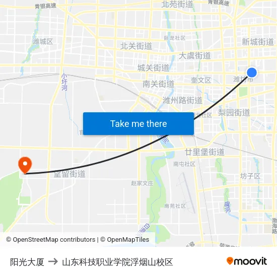 阳光大厦 to 山东科技职业学院浮烟山校区 map