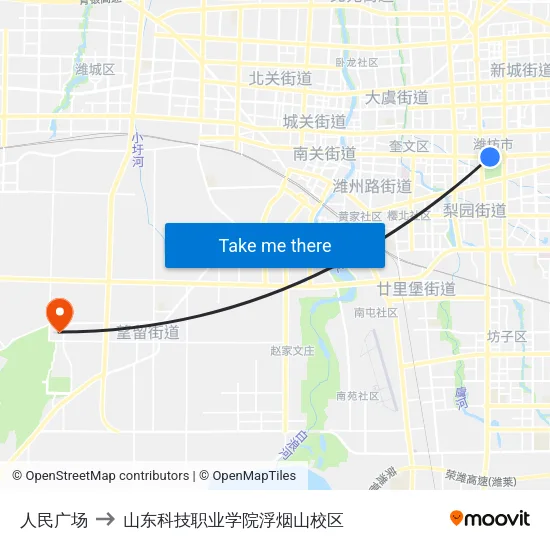 人民广场 to 山东科技职业学院浮烟山校区 map
