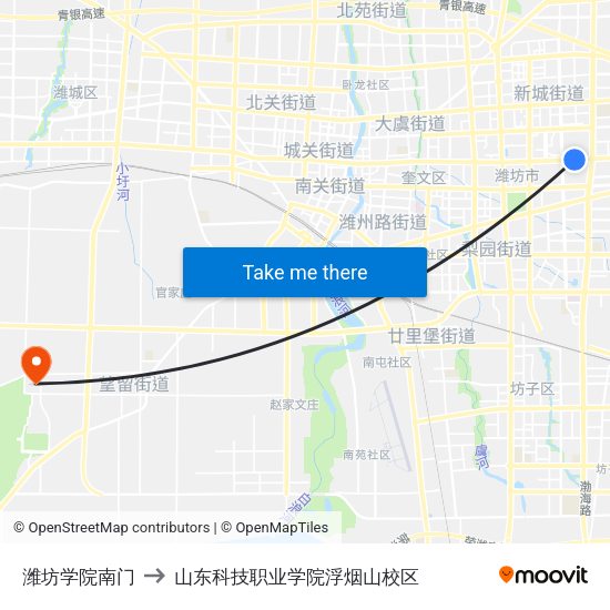 潍坊学院南门 to 山东科技职业学院浮烟山校区 map