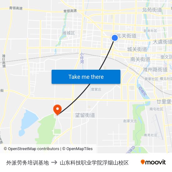 外派劳务培训基地 to 山东科技职业学院浮烟山校区 map