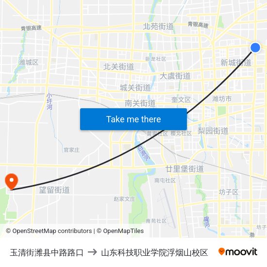 玉清街潍县中路路口 to 山东科技职业学院浮烟山校区 map