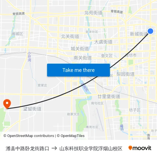 潍县中路卧龙街路口 to 山东科技职业学院浮烟山校区 map