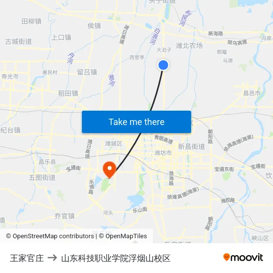 王家官庄 to 山东科技职业学院浮烟山校区 map