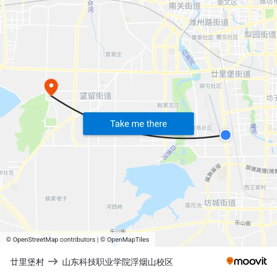 廿里堡村 to 山东科技职业学院浮烟山校区 map