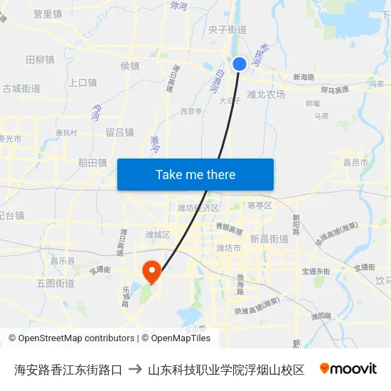 海安路香江东街路口 to 山东科技职业学院浮烟山校区 map