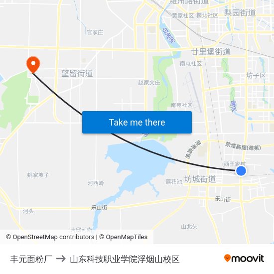 丰元面粉厂 to 山东科技职业学院浮烟山校区 map