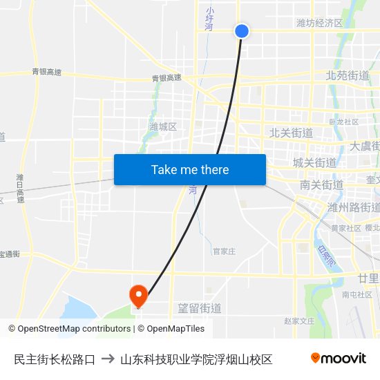 民主街长松路口 to 山东科技职业学院浮烟山校区 map