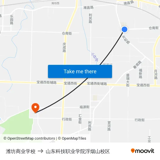 潍坊商业学校 to 山东科技职业学院浮烟山校区 map