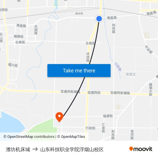 潍坊机床城 to 山东科技职业学院浮烟山校区 map