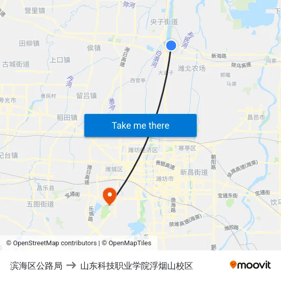 滨海区公路局 to 山东科技职业学院浮烟山校区 map