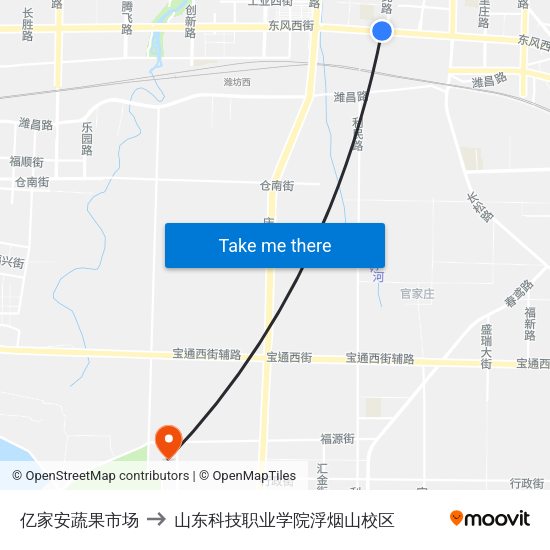 亿家安蔬果市场 to 山东科技职业学院浮烟山校区 map