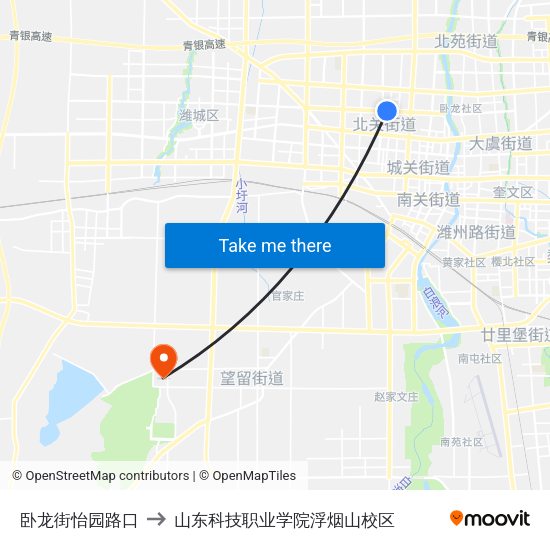 卧龙街怡园路口 to 山东科技职业学院浮烟山校区 map