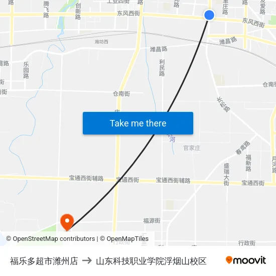 福乐多超市潍州店 to 山东科技职业学院浮烟山校区 map