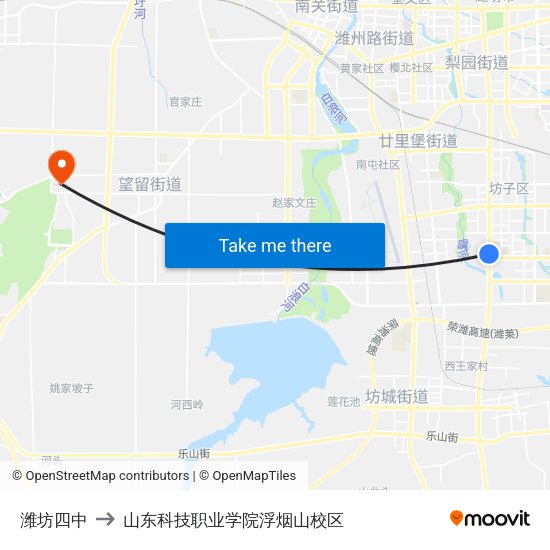 潍坊四中 to 山东科技职业学院浮烟山校区 map