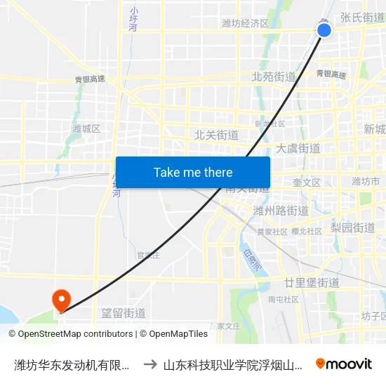 潍坊华东发动机有限公司 to 山东科技职业学院浮烟山校区 map
