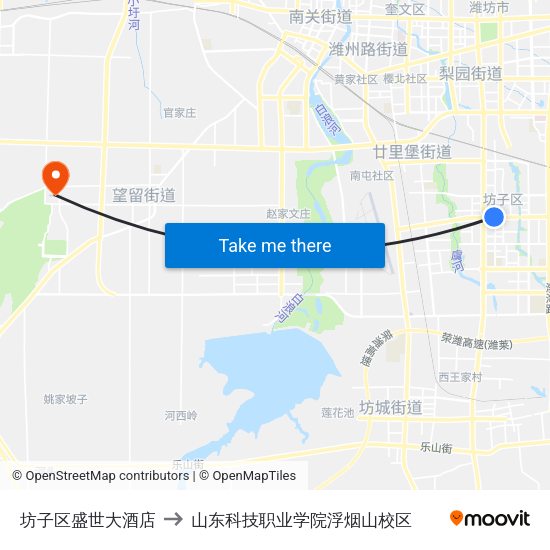 坊子区盛世大酒店 to 山东科技职业学院浮烟山校区 map