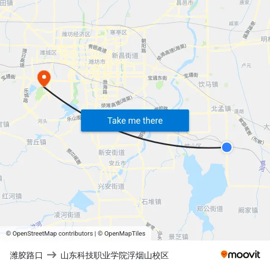 潍胶路口 to 山东科技职业学院浮烟山校区 map