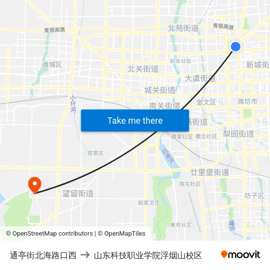 通亭街北海路口西 to 山东科技职业学院浮烟山校区 map
