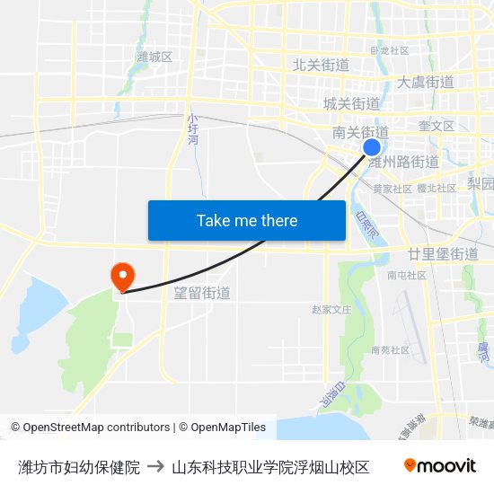 潍坊市妇幼保健院 to 山东科技职业学院浮烟山校区 map