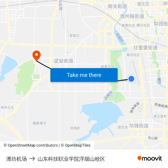潍坊机场 to 山东科技职业学院浮烟山校区 map