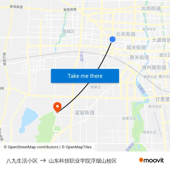 八九生活小区 to 山东科技职业学院浮烟山校区 map