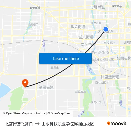 北宫街鸢飞路口 to 山东科技职业学院浮烟山校区 map