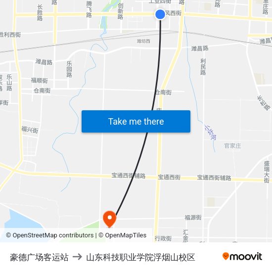 豪德广场客运站 to 山东科技职业学院浮烟山校区 map