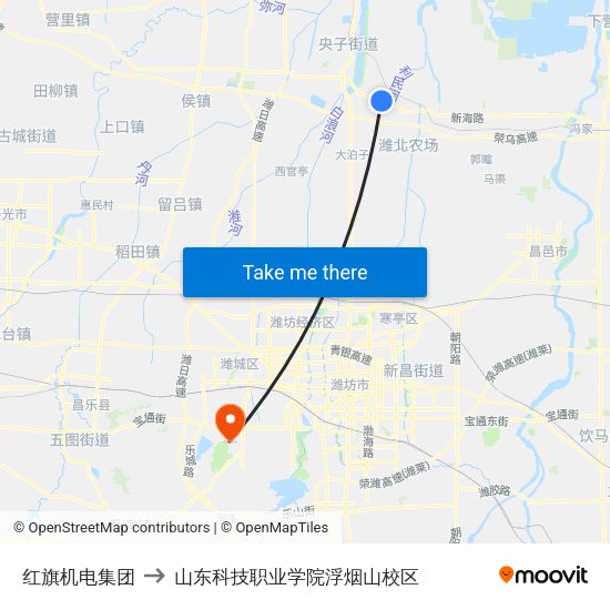 红旗机电集团 to 山东科技职业学院浮烟山校区 map