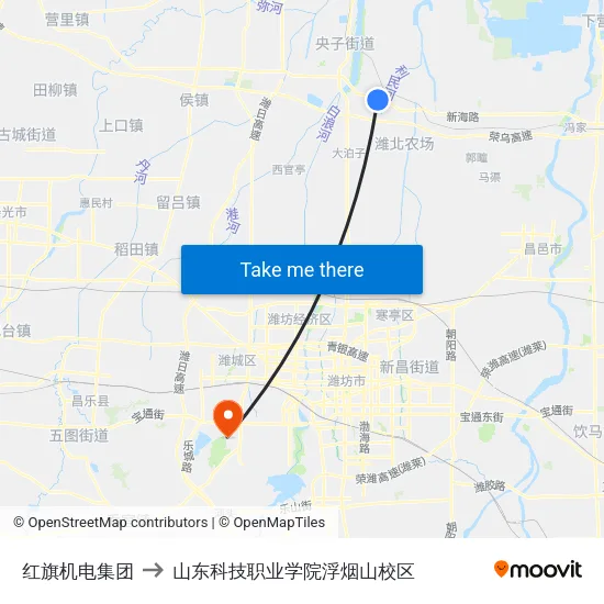 红旗机电集团 to 山东科技职业学院浮烟山校区 map